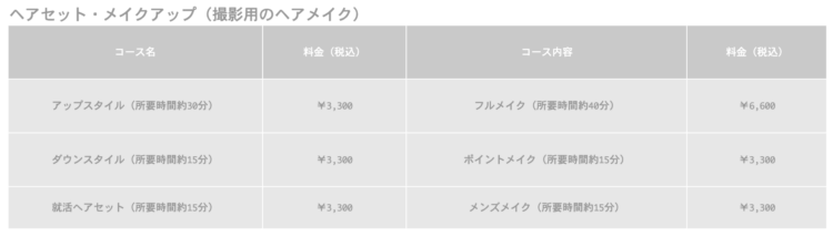 スタジオノールス 料金表