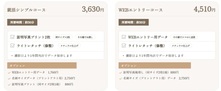 ケイツーフォトスタジオ 料金表１